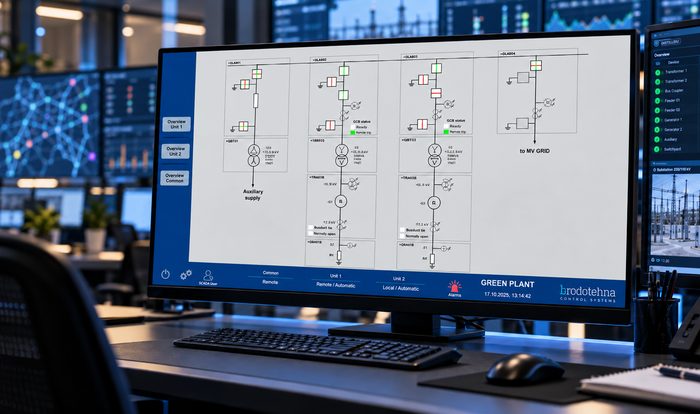 SCADA monitoring center showing a power plant single-line diagram